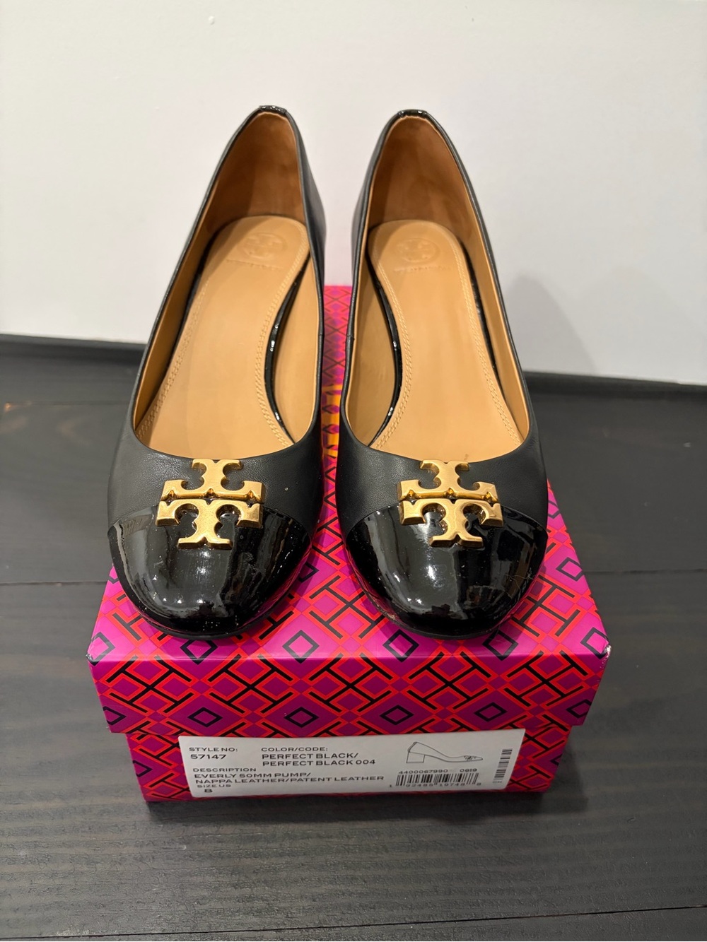 Tory Burch Black Leather & Patent Logo Ballet Flats